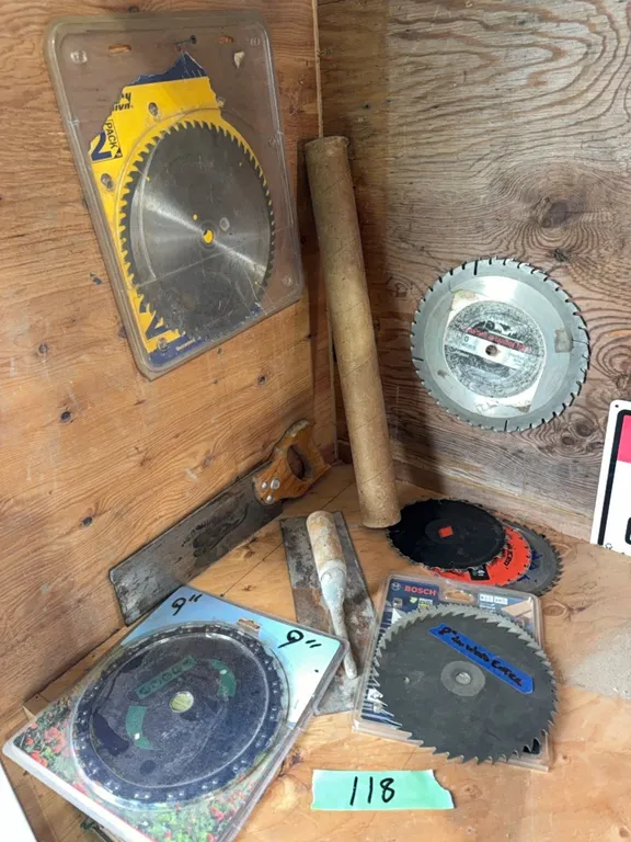 Cement trowel, includes several excellent saw blades, see photos