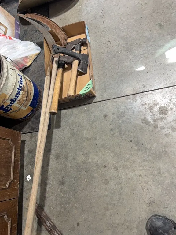 (3) small ax’s, two small scythes, (vintage)