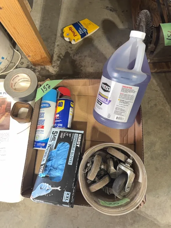 6 x 9 rug pad new in package, new roll of duct tape, project wheels, new gallon of windshield washer fluid, security light, etc