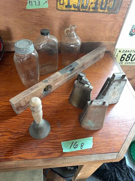Bell collection, old jars, antique level