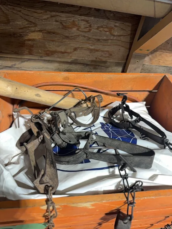 Traps, trouble lights, camping shovel, orange wooden box, large supply of trapping accessories and parts, see photos