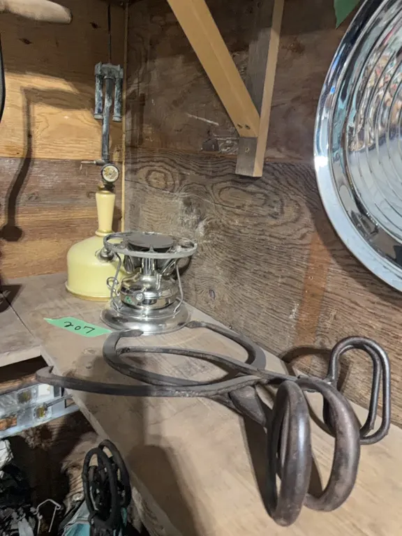 Two pair of ice tongs, old lantern