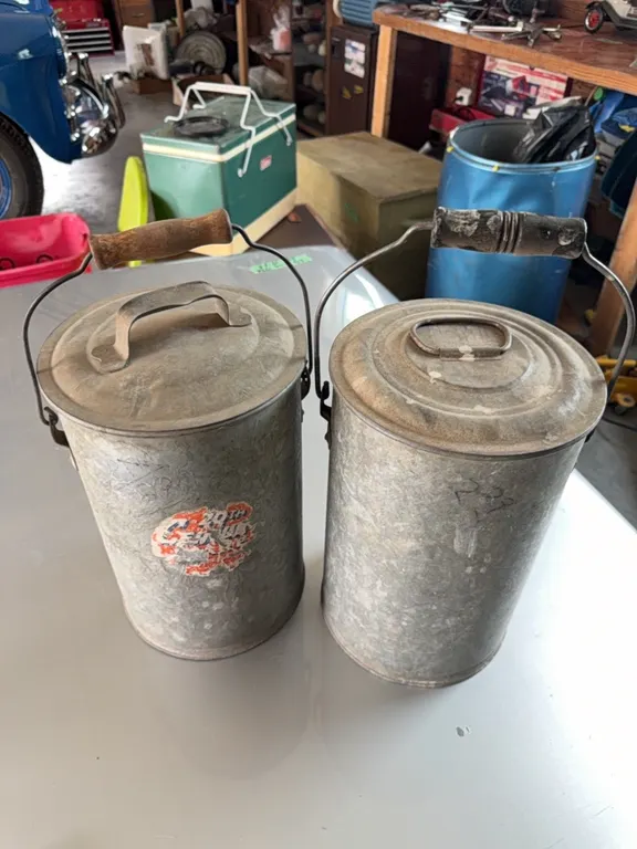 (2) old Metal cans with lids, excellent shape, note original handles