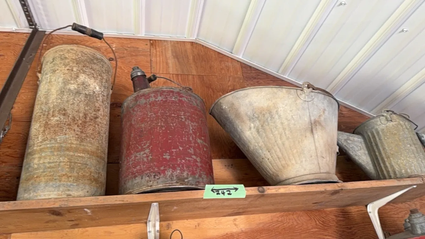 Old and interesting coal bucket and cans