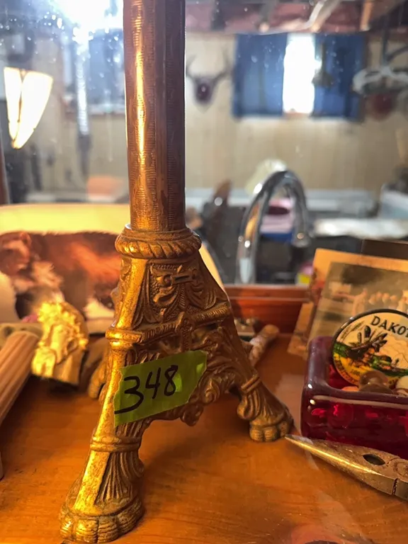 Top shelf of knick knack shelf-Large brass candlestick many misc items