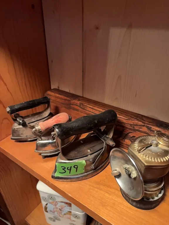 3 antique irons, 1 small lantern