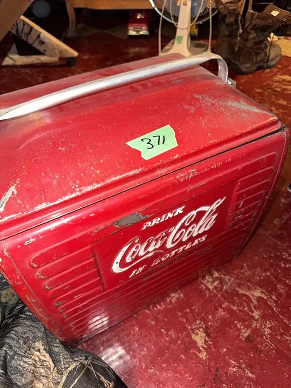 antique coca-cooler metal cooler & large camo bag