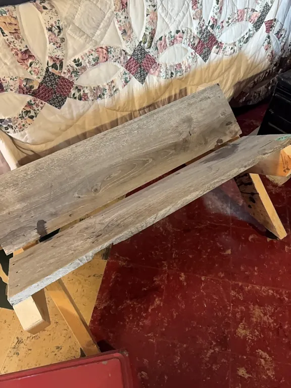 wooden bench/cart on wheels, also hangers, some unique
