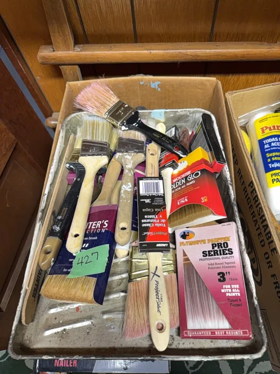 Painting supplies, rolls, brushes, pans, etc
