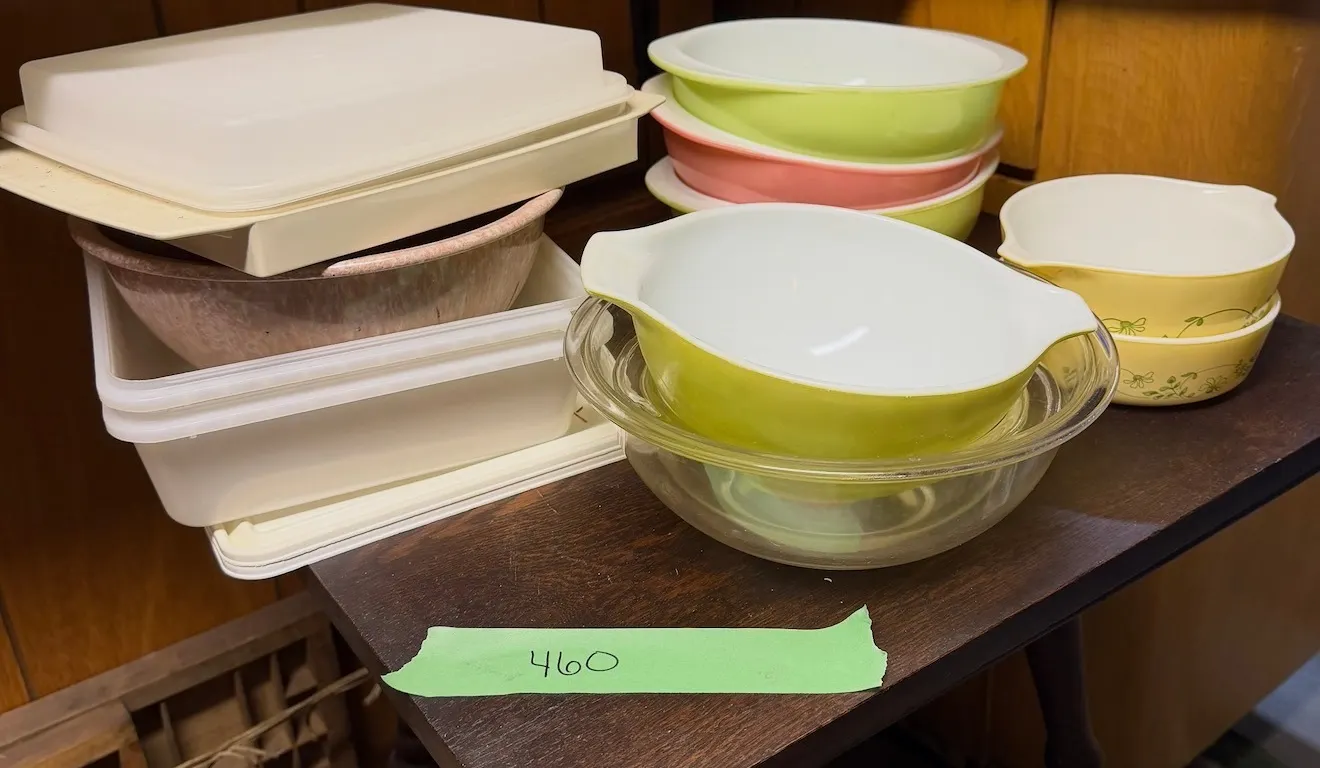 assorted Pyrex bowls, tupperware