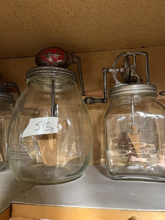 Hard to find vintage butter churns - large lot, and cookie jars, vintage knife sharpeners