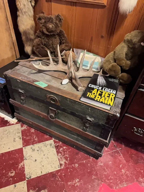 old trunk, antlers, toy stuffed animals, book and etc. everything on top of trunk goes and things inside go to.