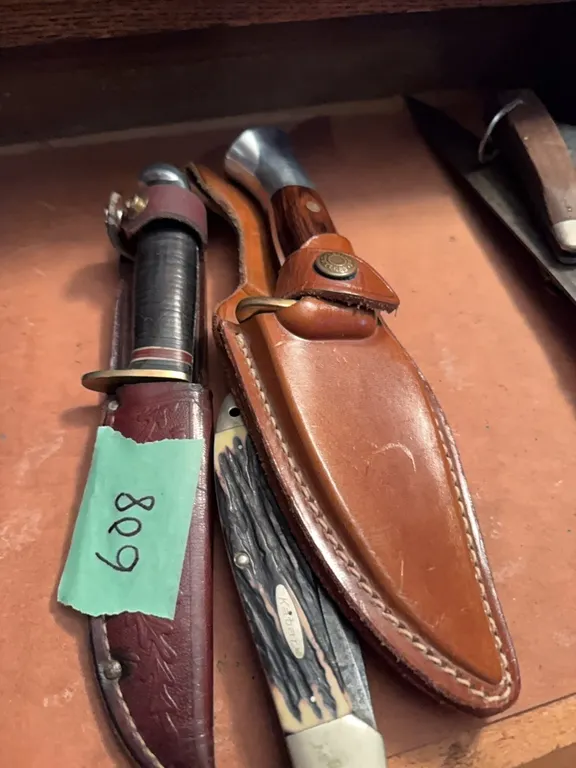 Kabar pocket knife, Westmark model 703-knife in sheath, another hunting knife in leather sheath
