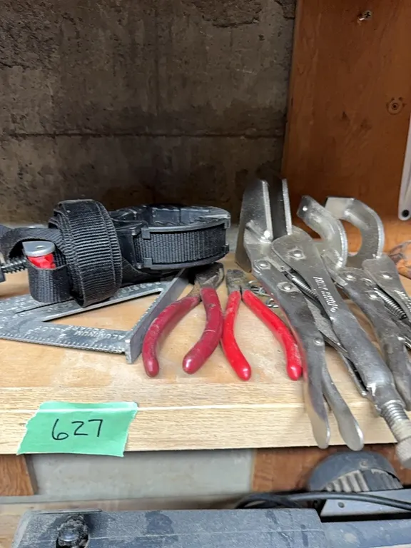 tools - vice grips, square, snips, wolfcraft strap
