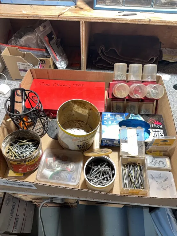 Miscellaneous hardware, stainless steel screws, and many other others, gun cleaning, Dremel equipment, etc.