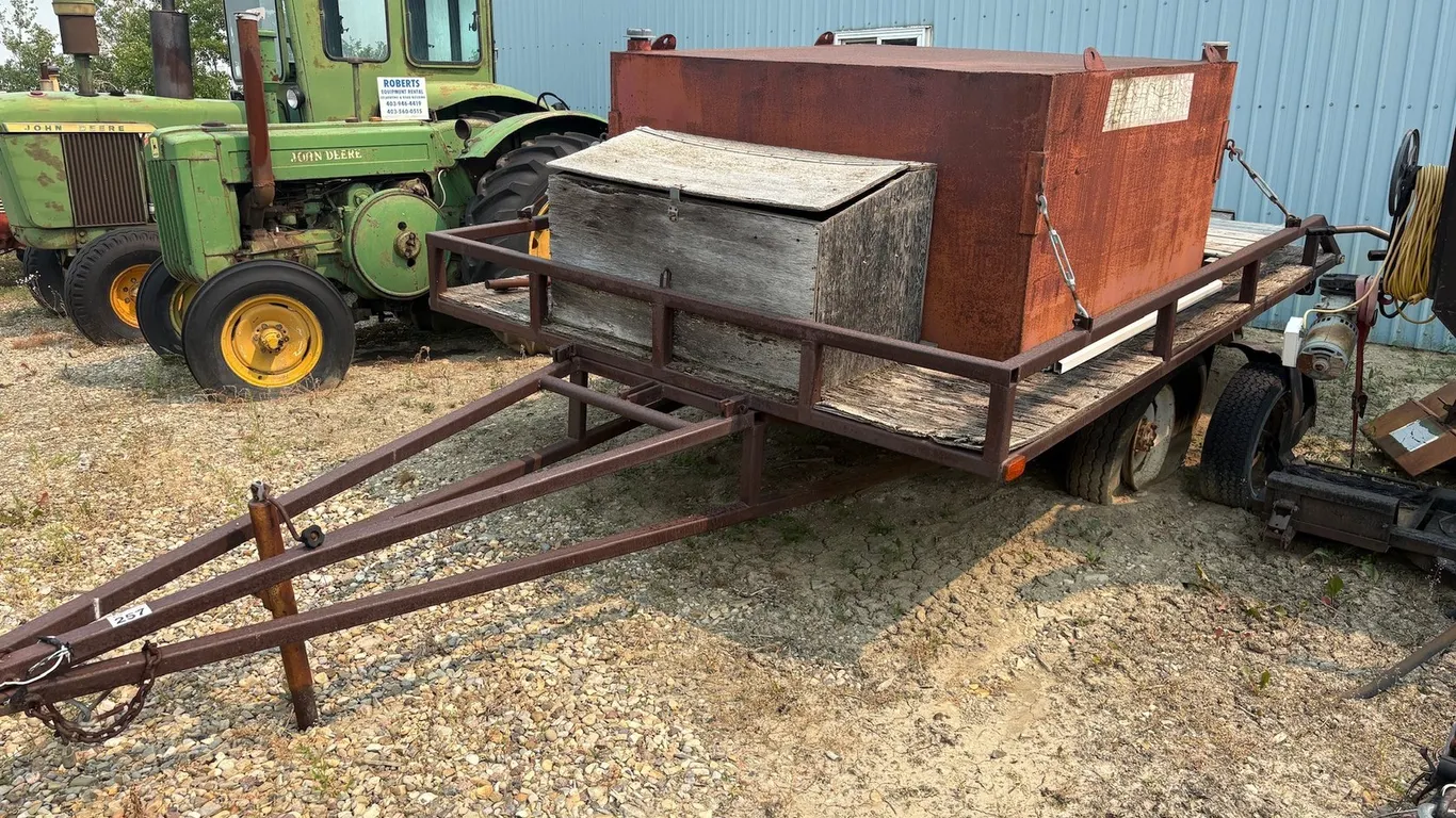 CUSTOM UTILITY FLATBED TRAILER WITH STEEL TANK & WOODEN STORAGE CHEST