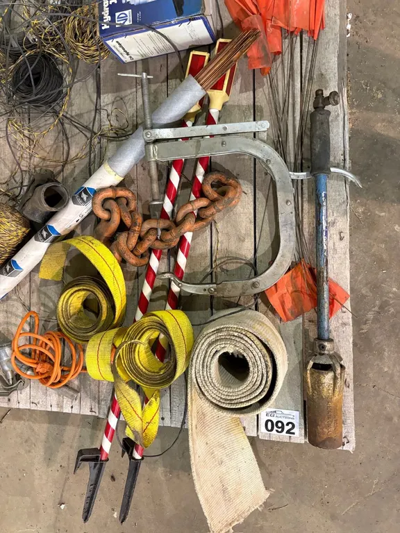 SHOP & INDUSTRIAL SUPPLIES LOT – CHAINS, LIFTING SLINGS, C-CLAMP, WIRE & TOOLS