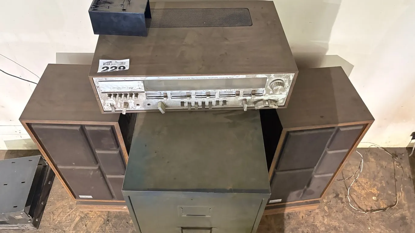 VINTAGE SOLID STATE AM/FM STEREO RECEIVER, PAIR OF FLOOR SPEAKERS & METAL FILING CABINET