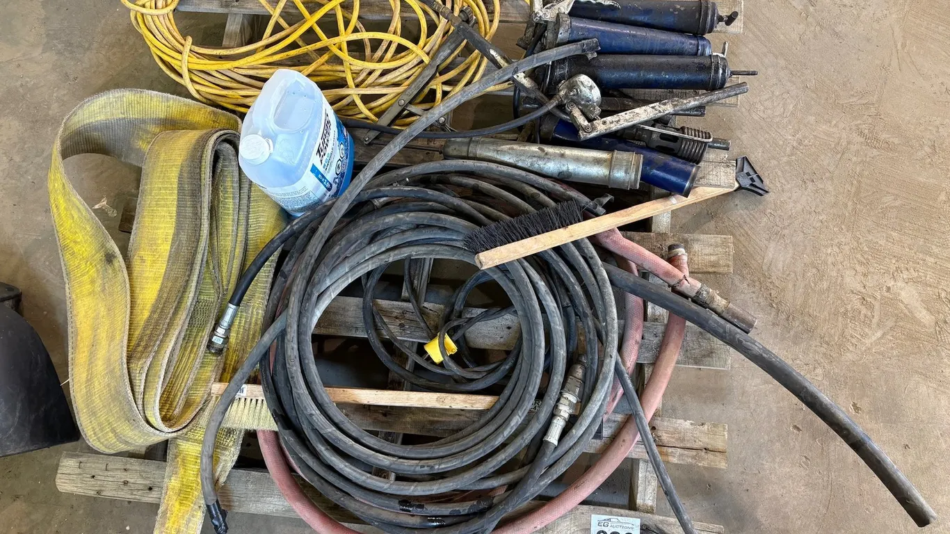 ASSORTED SHOP TOOLS, GREASE GUNS, HOSES & LIFTING SLING
