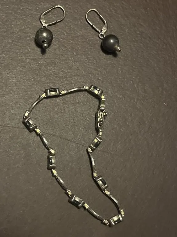 Sterling silver bracelet and gray earrings