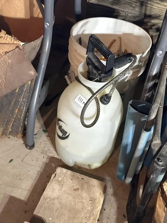 Spray jug. Bucket. Dry peas