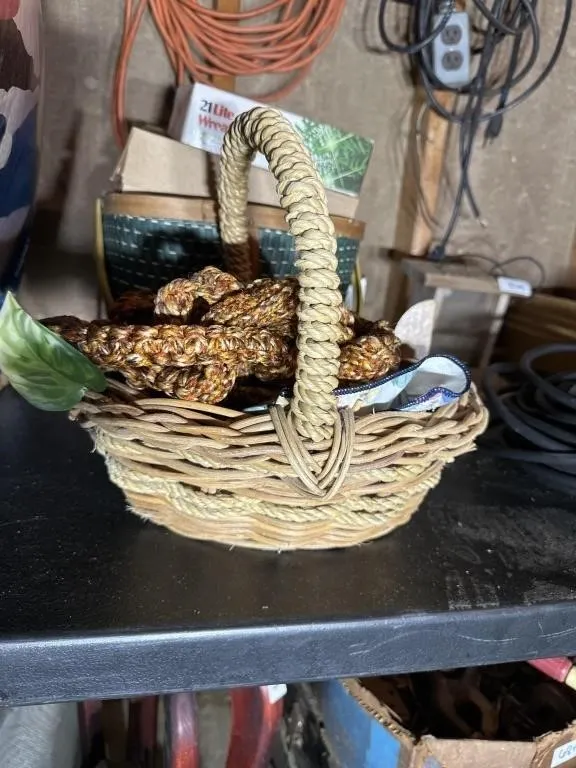 Basket. 12x12. Doilies. Women gloves. Hanging