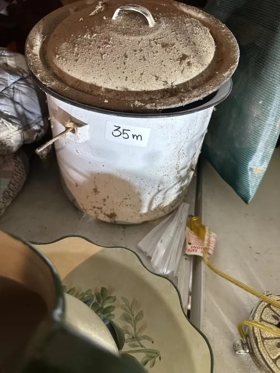 9 in vintage white enamelware stock pot With