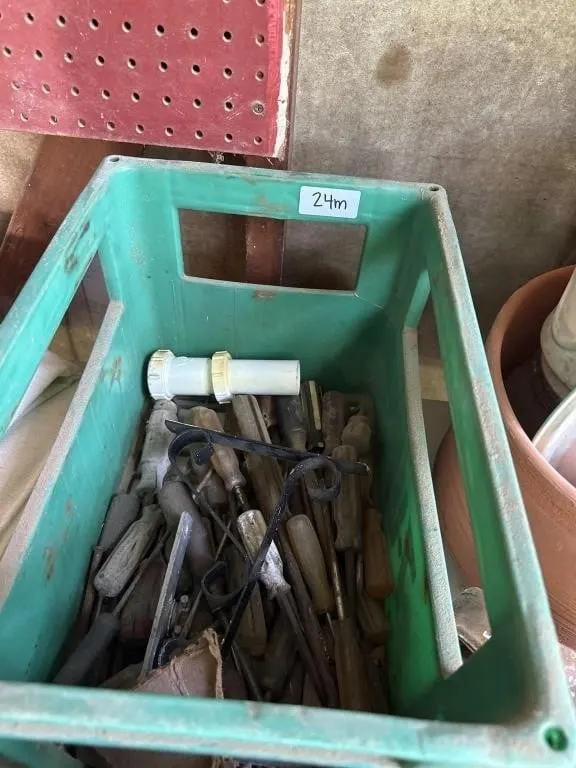 Misc tools in 7 up green plastic container 16x11
