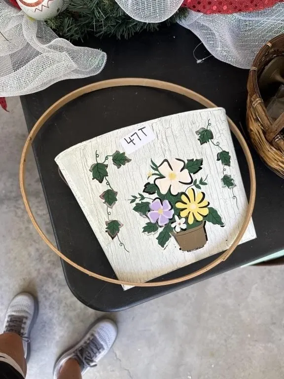 Metal basket. Hangs. 24 in wooden ring