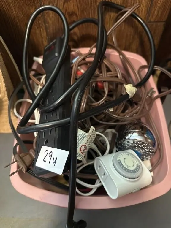 Plastic container. Extension cords