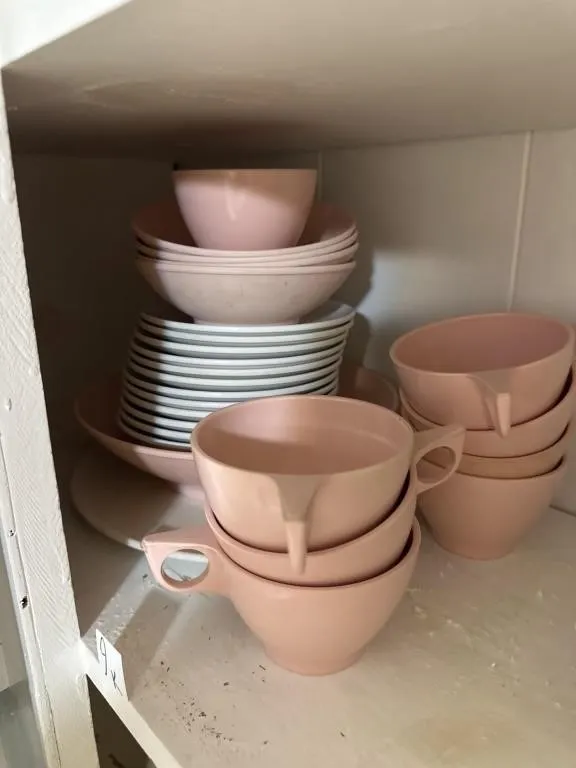 Plastic pink dishes Cereal bowls Coffee cups.