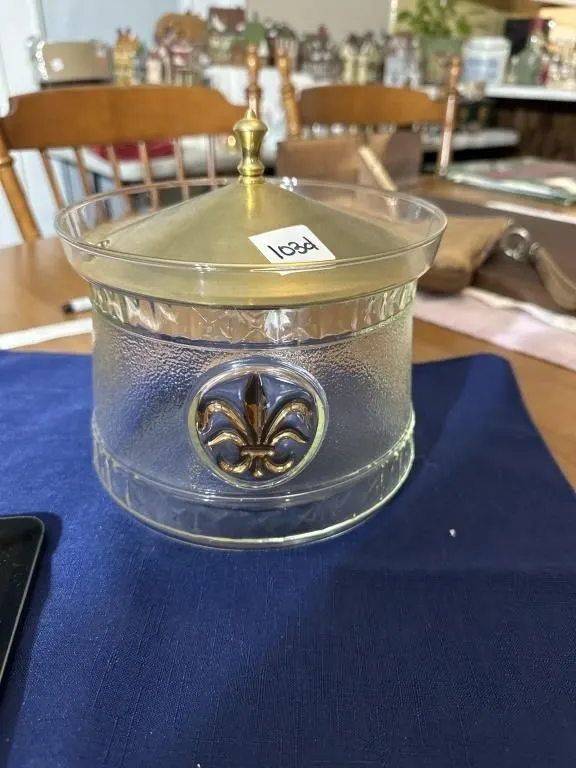vintage glass soup tureen features a gold-toned