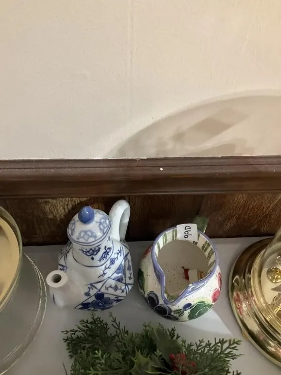 Teapot. Blue n white. Creamer. Flower. Mismatched