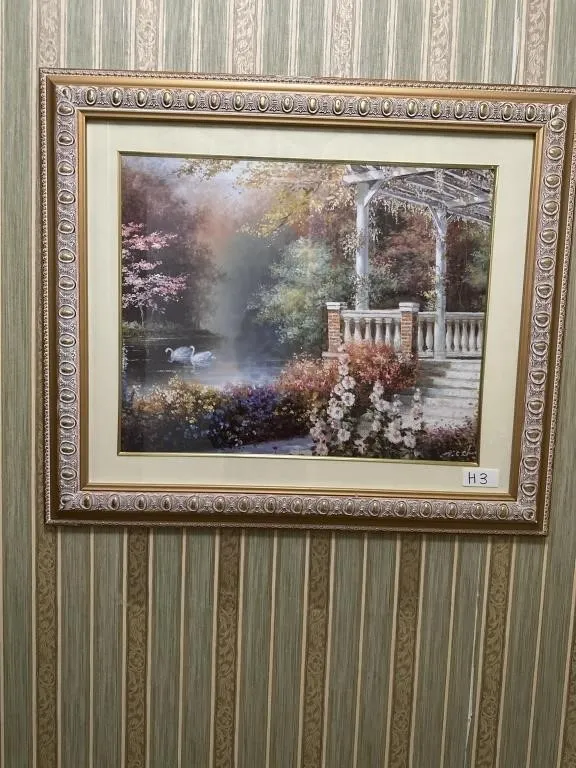 28x24 gold framed swans on lake