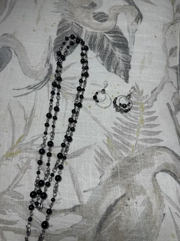Black and silver necklace. Earrings (1 is