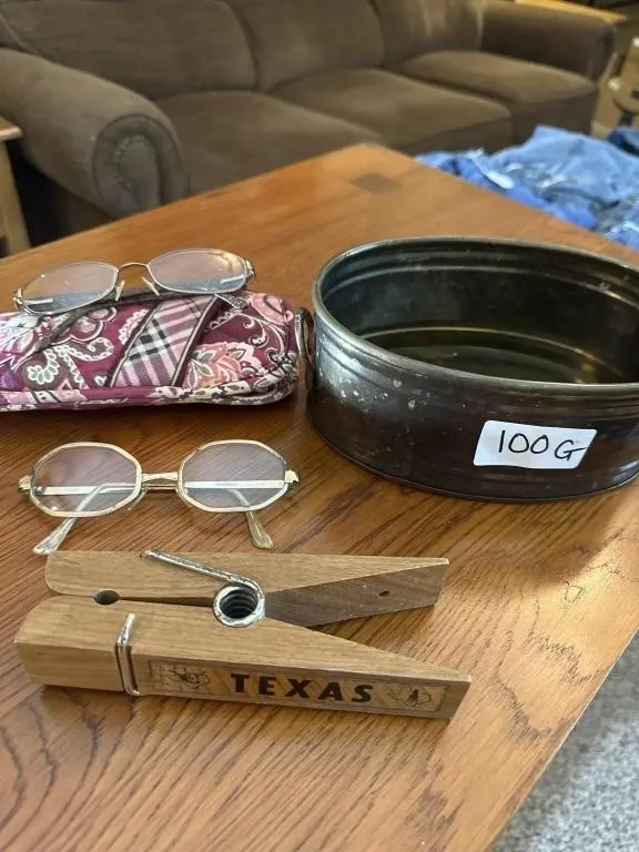 8x5x3 gold metal container, glasses, readers,