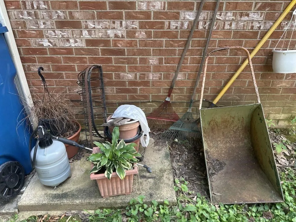 Spray jug, flower pots, iron window hangars rakes