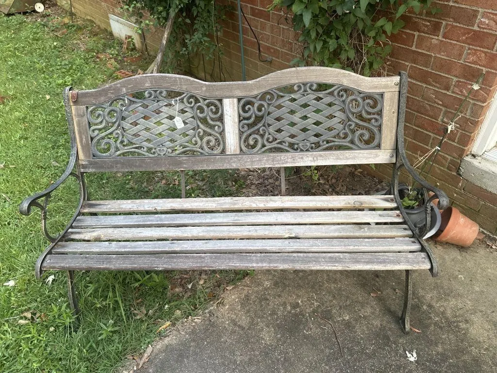 50x14x30 in wooden bench with black plastic on