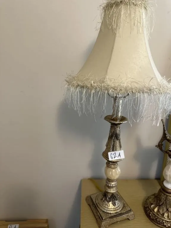 Lamp 28 in works. Gold w cream fringe shade