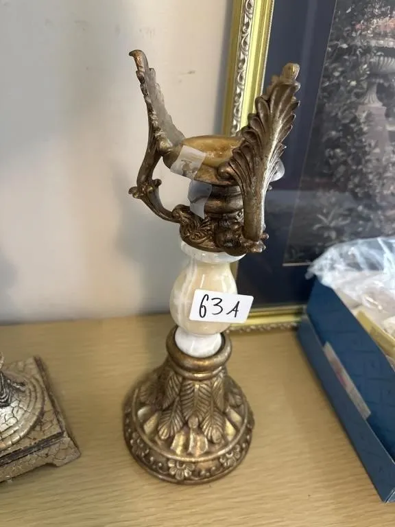vintage-style brass and marble candelabra