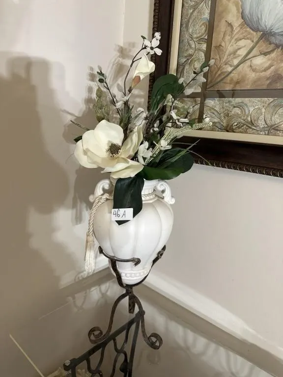 32in White vase in stand w magnolia
