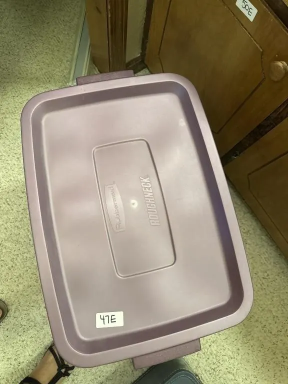 Purple tub w lid 18 ga. Rubbermaid
Xmas lights.