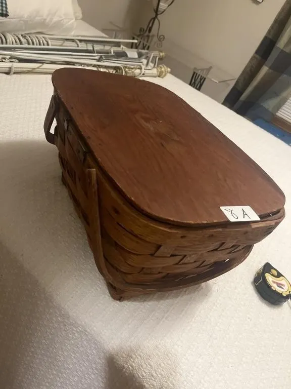 Wooden basket 17inLx12inWx9inH and miscellaneous