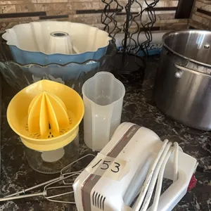 Hand mixer, juicer, bundt pan, glass bowl, pod holders