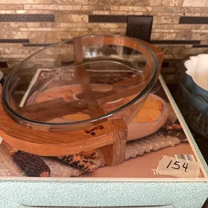 chip and dip dish in box, glass casserole dish in wooden holder