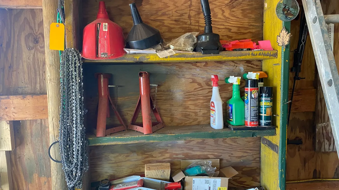 Wooden Shelf and Contents