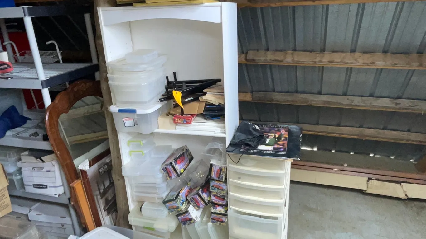 Wooden Shelf and Contents