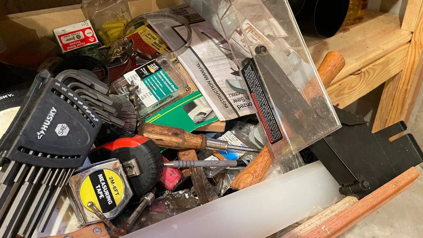 Wooden Work Bench and Bottom Contents