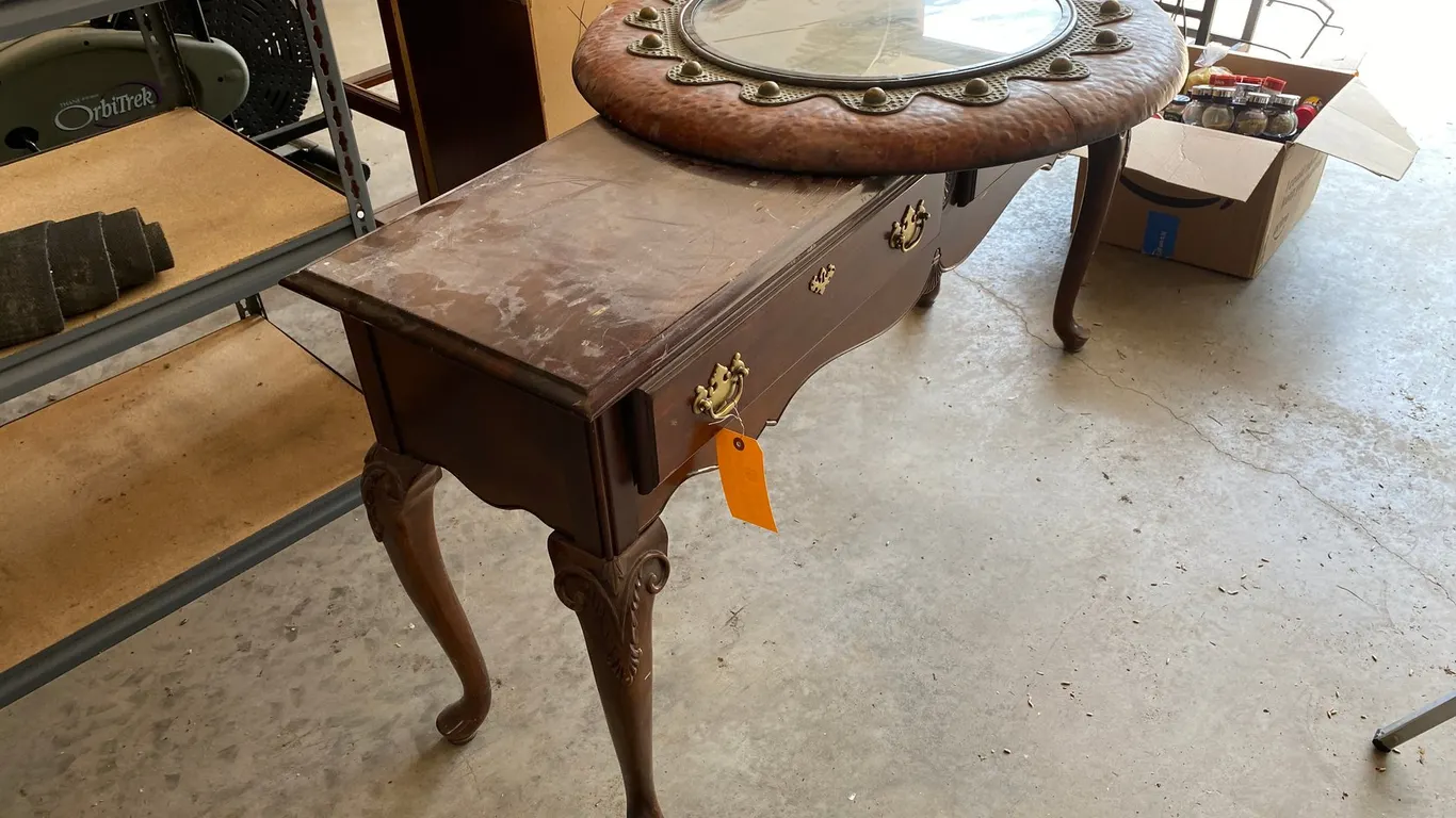 Wooden Table and Decorative Clock