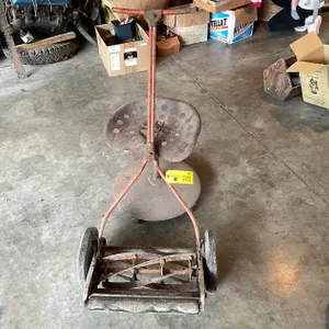 Vintage Push Mower and Tractor Seat Stool on Wheels